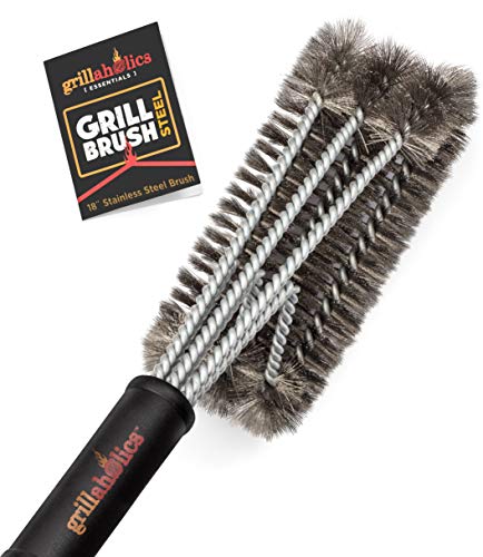 Book Cover Grillaholics Essentials Grill Brush Steel - Triple Machine Tested for Safety - Stainless Steel Wire Grill Brush for Deep Grill Cleaning - Lifetime Manufacturers Warranty