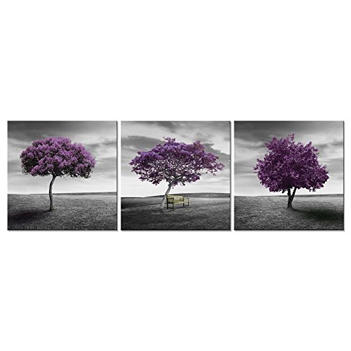 Book Cover Pyradecor 3 Piece Purple Trees Modern Stretched and Framed Landscape Artwork Giclee Canvas Prints Fall Forest Pictures Paintings on Canvas Wall art for Living Room Bedroom Home Office Decorations