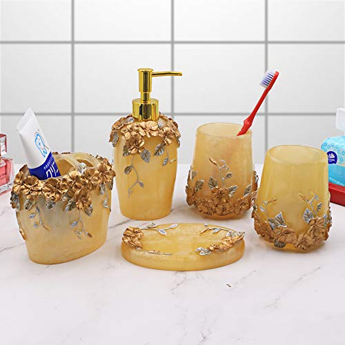 Book Cover LUANT Creative Scents Marquee Bath Ensemble, 5 Piece Bathroom Accessories Set, Marquee Collection Bath Set Features Soap Dispenser, Toothbrush Holder, Tumbler, Soap Dish, Gold
