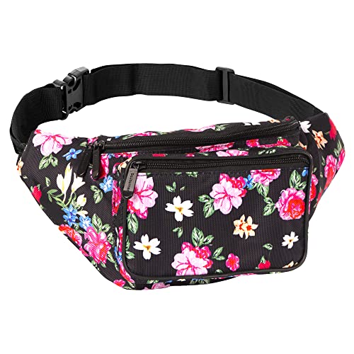80s Retro Fanny Pack Belt Bag I Mens Fanny Packs for Women Fashionable - Crossbody Bag Bum bag Waist Bag Waist Pack - Hands Free for Hiking, Running, Travel, Waterproof for Halloween (Black Floral)