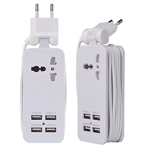 Europe USB Power Strip with 4 Ports USB Charger Station Outlets 5V 2.1A-1A 21W Universal Socket EU Plug 100V-240V Compact 5ft Extension Cord Portable Electric Power Strip for Traveling (White)