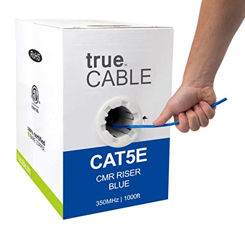 trueCABLE Cat5e Riser (CMR), 1000ft, Blue, 24AWG 4 Pair Solid Bare Copper, 350MHz, PoE++ (4PPoE), ETL Listed, Unshielded Twisted Pair (UTP), Bulk Ethernet Cable