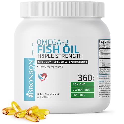 Bronson Omega 3 Fish Oil Triple Strength 2720 mg, High EPA 1250 mg DHA 488 mg, Non-GMO Heavy Metal Tested, 360 Softgels