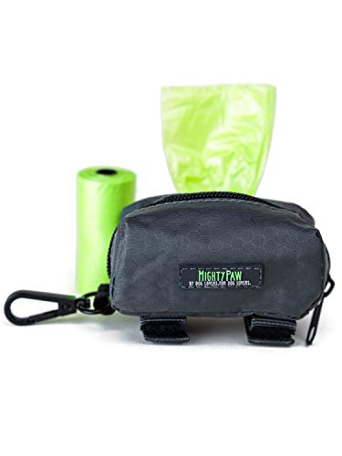 Book Cover Mighty Paw Dog Poop Bag Holder, Premium Quality Pick-up Bag Zippered Pouch, Includes Carabiner Hook and 1 Roll of Pick-up Bags (Grey/Green)