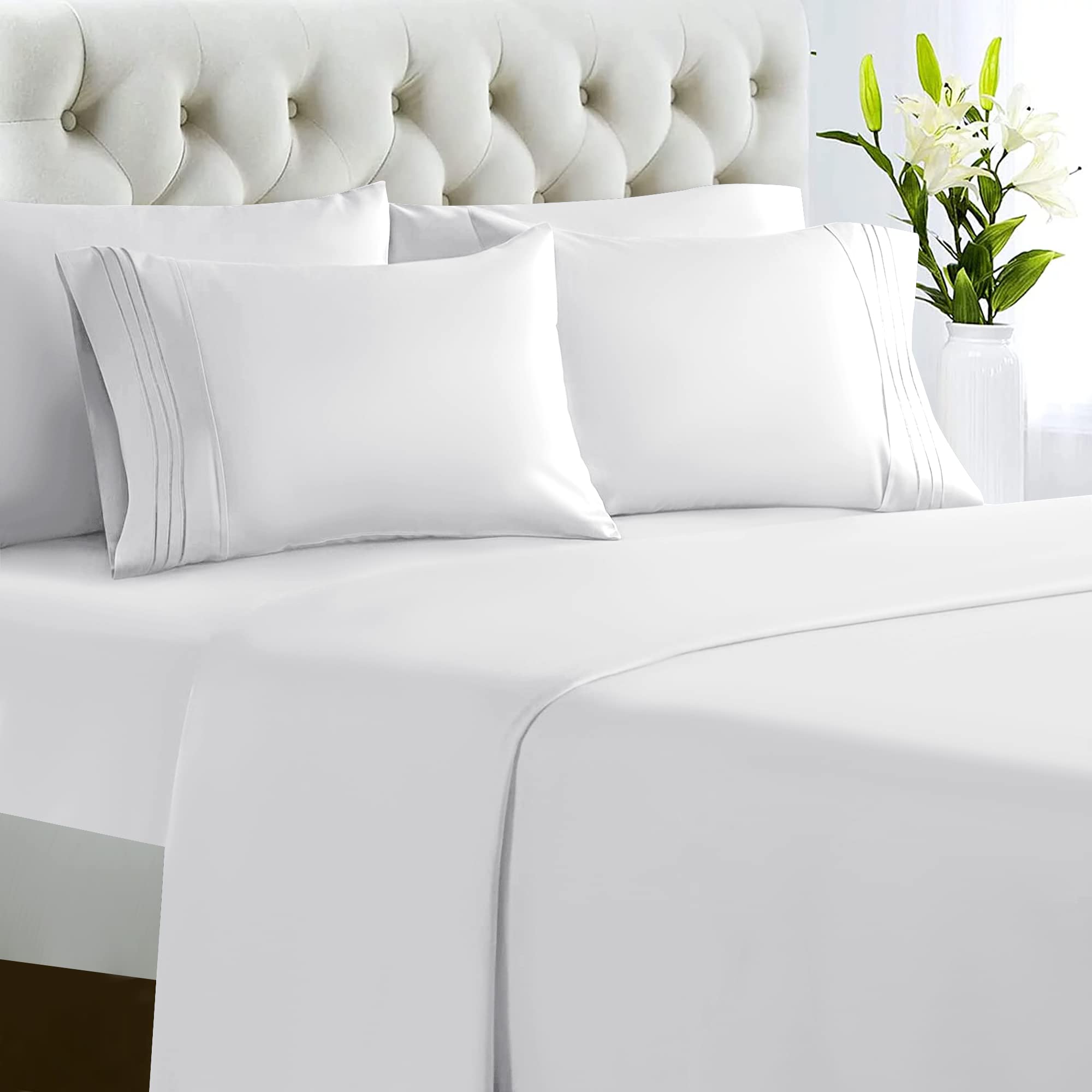 Lux Decor Collection Bed Sheets - 6 Pc Sheets for Queen Size Bed - 1800 Thread Count Brushed Microfiber Sheets - 16 Inches Deep Pocket Bedding Sheets & Pillowcases|Lightweight Sheets| Queen Sheets Embroidery White Queen