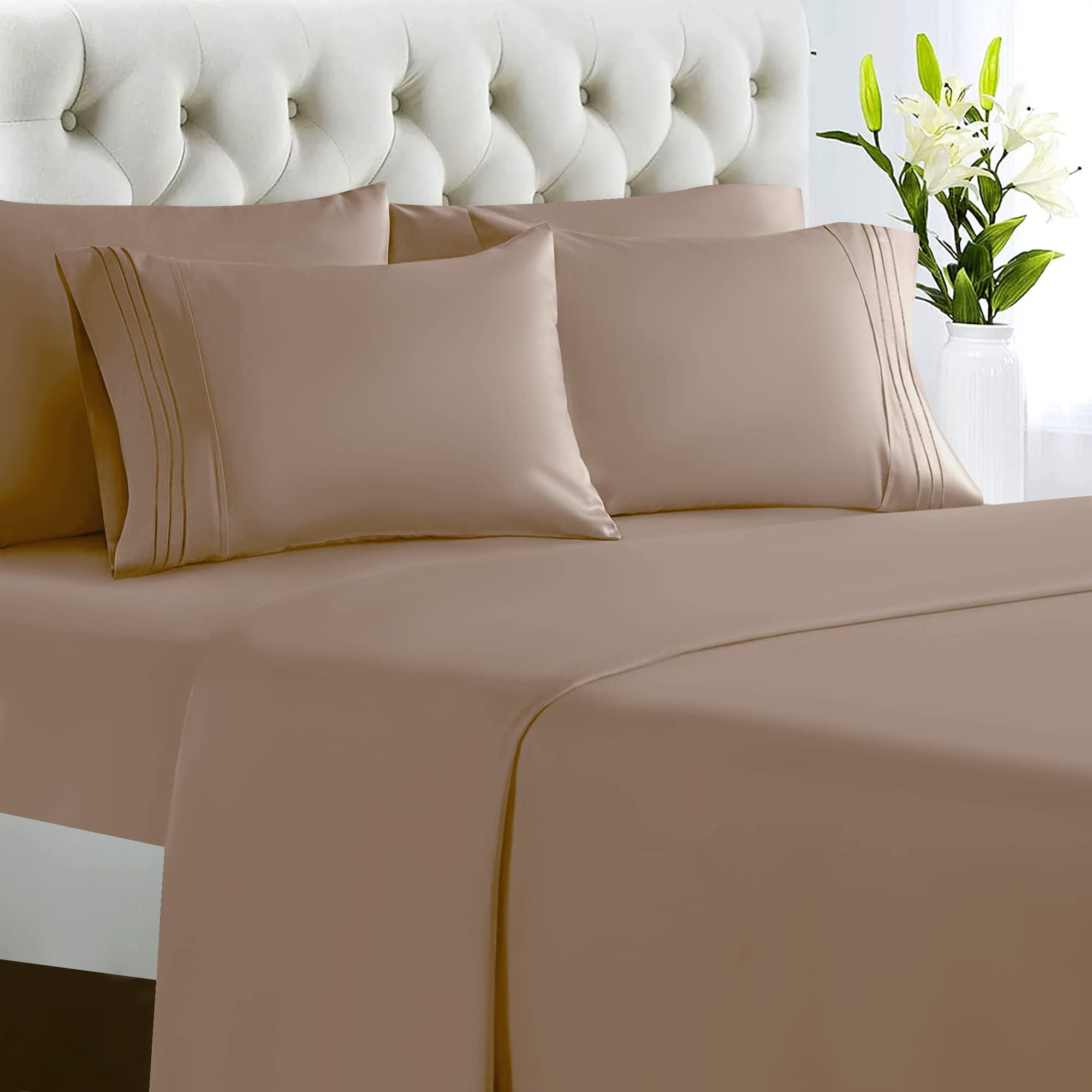 Lux Decor Collection Bed Sheets - 6 Pc Sheets for Queen Size Bed - 1800 Thread Count Brushed Microfiber Sheets - 16 Inches Deep Pocket Bedding Sheets & Pillowcases|Lightweight Sheets| Queen Sheets Embroidery Taupe Queen