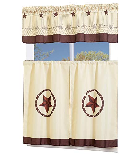 Book Cover MarCielo 3 Piece Printed Western Texas Star Kitchen/Cafe Curtain with Swag and Tier Window Curtain Set, Beige