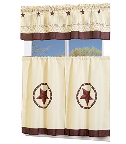 MarCielo 3 Piece Printed Western Texas Star Kitchen/Cafe Curtain with Swag and Tier Window Curtain Set, Beige