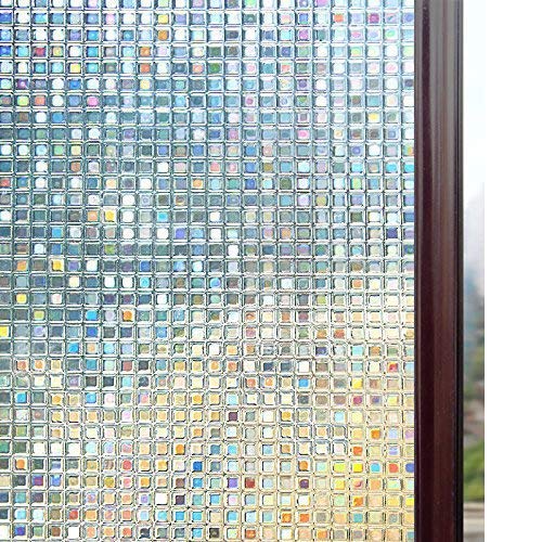 Book Cover Rabbitgoo 3D Decorative Window Film, Non-Adhesive Privacy Films - Frosted Window Glass Film for Home Office, Removable Rainbow Window Tint Film, Mosaic Patterns, 17.5 x 78.7 inches
