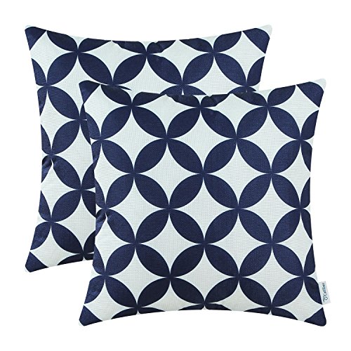 Book Cover CaliTime Pack of 2 Soft Canvas Throw Pillow Covers Cases for Couch Sofa Home Decoration Modern Circles Rings Chain Geometric 18 X 18 Inches Navy Blue