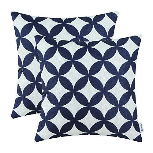 CaliTime Pack of 2 Soft Canvas Throw Pillow Covers Cases for Couch Sofa Home Decoration Modern Circles Rings Chain Geometric 18 X 18 Inches Navy Blue