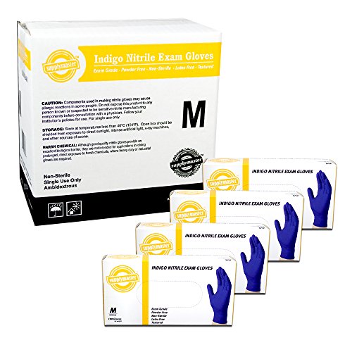 SupplyMaster Indigo Nitrile Exam Disposable Gloves - 4 Mil, Powder Free, Non-Sterile, Latex Free, Textured, Ambidextrous, Medium, Pack of 400