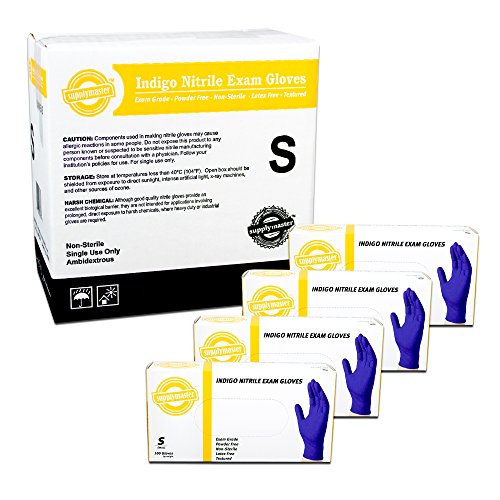 SupplyMaster Indigo Nitrile Exam Disposable Gloves - 4 Mil, Powder Free, Non-Sterile, Latex Free, Textured, Ambidextrous, Small, Pack of 400