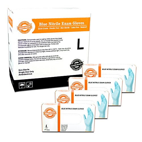 SupplyMaster SMBLNE3L Blue Nitrile Exam Disposable Gloves - 3 Mil, Powder Free, Non-Sterile, Latex Free, Textured, Ambidextrous, Large, Case of 400