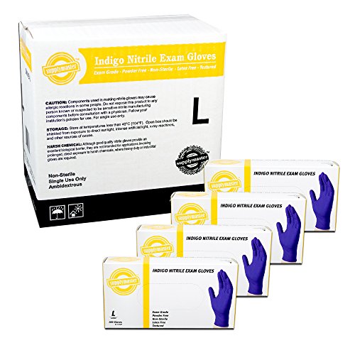 SupplyMaster SMINE4L Indigo Nitrile Exam Disposable Gloves - 4 Mil, Powder Free, Non-Sterile, Latex Free, Textured, Ambidextrous, Large, Pack of 400