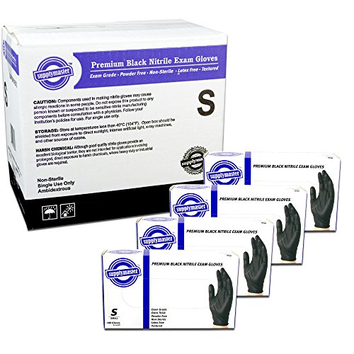 SupplyMaster Premium Black Nitrile Exam Disposable Gloves - 6 Mil, Powder Free, Non-Sterile, Latex Free, Textured, Ambidextrous, Small, Pack of 400
