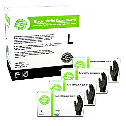 SupplyMaster Black Nitrile Exam Disposable Gloves - 4 Mil, Powder Free, Non-Sterile, Latex Free, Textured, Ambidextrous, Large, Case of 400 - SMBKNE4L