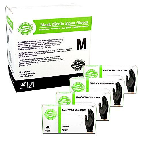 SupplyMaster SMBKNE4M Black Nitrile Exam Disposable Gloves - 4 Mil, Powder Free, Non-Sterile, Latex Free, Textured, Ambidextrous, Medium, Case of 400