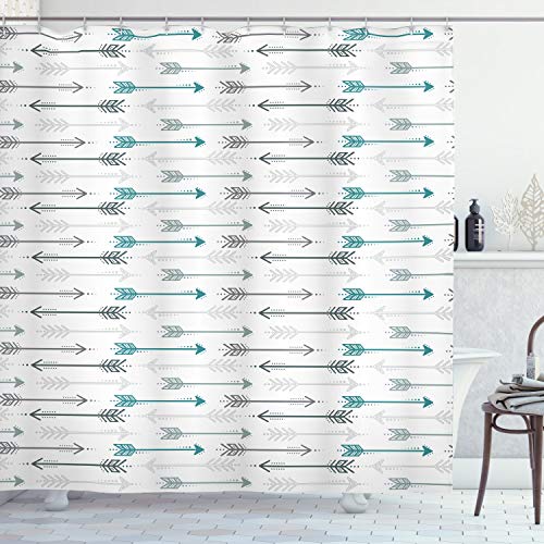Ambesonne Teal Shower Curtain, Retro and Arrow Pattern in Horizontal to Theme Art Print, Cloth Water Resistant Fabric for Master Bathroom Decor Set with Hooks Bath Decoration, 69" W x 70" L, Grey Teal