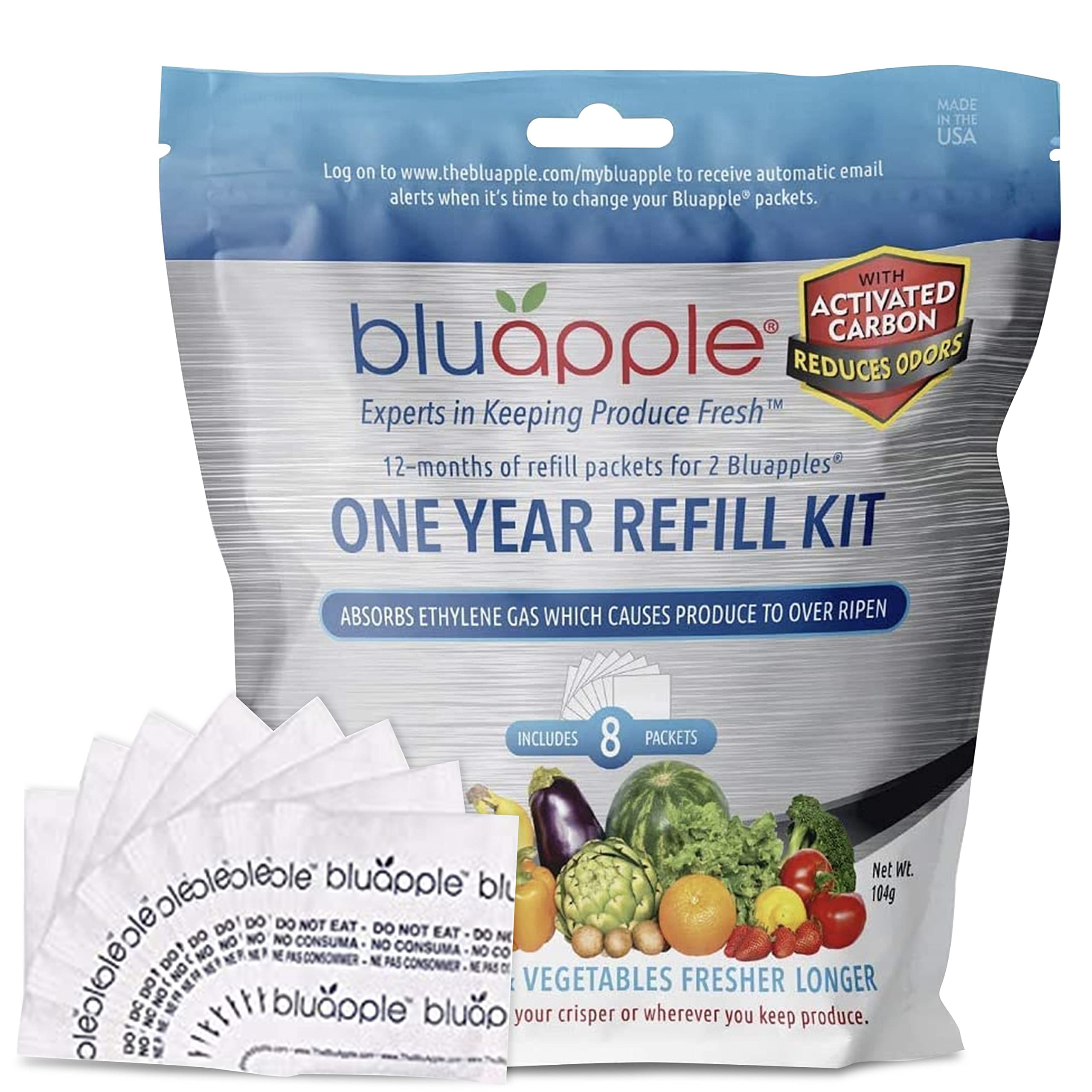 Book Cover Bluapple 1-Year Carbon Refill Kit - Keep Fruits & Vegetables Fresh Longer & Help Absorb Odors, 8 Packets with Carbon, Fruit & Vegetable Storage, Ethylene Gas Absorber for Fridge, Made in USA