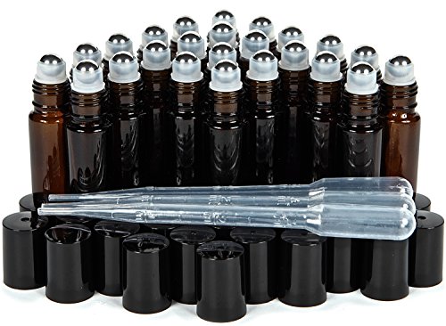 Vivaplex 24 count, amber, 10 ml glass roll-on bottles with stainless steel roller balls, 3-3 ml droppers included