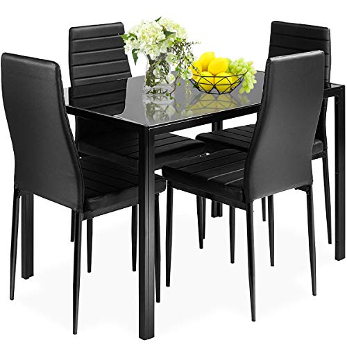 Book Cover Giantex 5 Pcs Dining Table Set for 4, Modern Glass Tabletop Kitchen Table and Chairs, Rectangular Metal Frame Table with Leather Padded 4 Seats for Small Spaces Apartment
