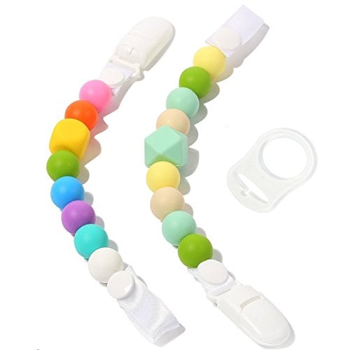 Book Cover Teether Pacifier Clips - (2 Pack) Silicone Pacifier Holders for MAM, Nuk & Soothie - Fun, Colorful and BPA-Free Unisex Pacifier Holder (Rainbow Heaven + Calming Green)