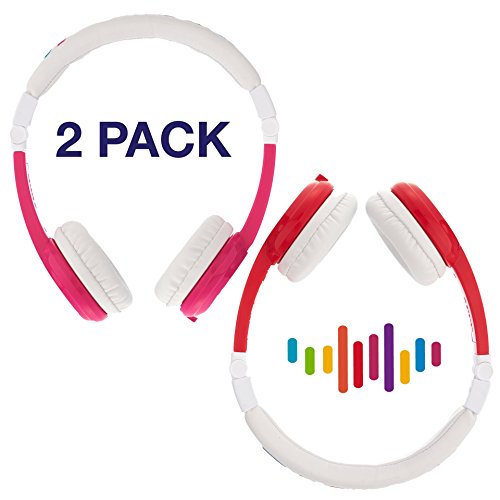 BuddyPhones Explore Foldable, Kids Volume Limiting Headphones, Built-in Audio Sharing Cable and in-Line Mic, Compatible with Fire, iPad, iPhone, and Android Devices, 2-Pack Pink and Red