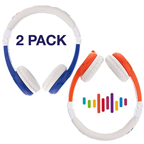 BuddyPhones Explore Foldable, Kids Volume Limiting Headphones, Built-in Audio Sharing Cable and in-Line Mic, Compatible with Fire, iPad, iPhone, and Android Devices, 2-Pack Blue and Orange