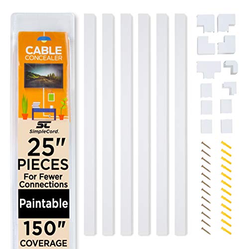 Book Cover Simple Cord Cable Concealer On-Wall Cord Covers with 6, 25â€ Raceways â€“ 150â€ Cable Management System Hides Cords, Wires for Wall TVs, Computers â€“ White