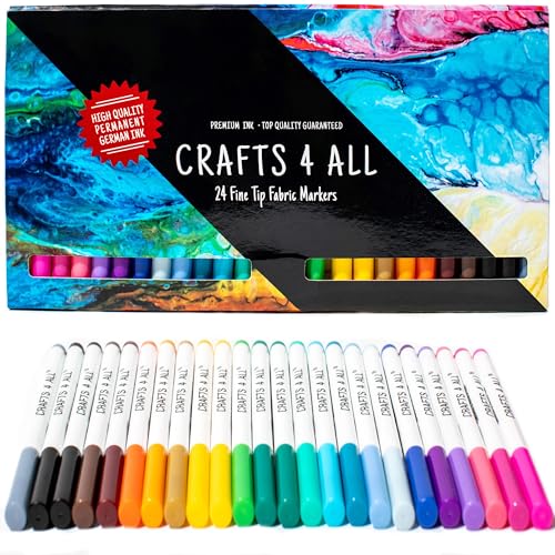 Fabric Markers Permanent Art Markers 24 SET Premium Quality Fine Tip MINIMAL BLEED fabric pens By Crafts 4 ALL .Child safe & non-toxic.