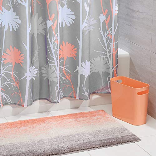 Book Cover mDesign 3 Piece Decorative Bathroom Decor Set - Floral Polyester Fabric Shower Curtain, Ombre Microfiber Non-Slip Bathroom Accent Rug, Plastic Wastebasket Trash Can - Coral/Gray/White