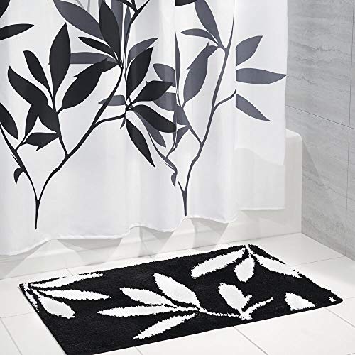 Book Cover mDesign Fronds Fabric Shower Curtain and Microfiber Bathroom Accent Rug - Set of 2, Black/White/Gray