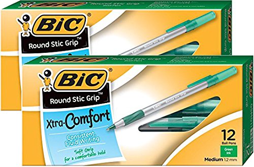 Book Cover BIC Round Stic Grip Xtra Comfort Ball Pen Medium Pt 1.2mm Green 2DOZEN GSMG11GN