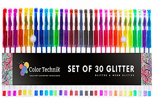 Glitter Gel Pens by Color Technik, Set of 30 Glitter Pens, Best Assorted Colors, Now with More Ink, Enhance Your Adult Coloring Book Experience Now, Perfect Gift Idea