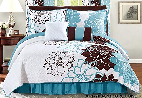 Book Cover All American Collection New 6pc Flower Printed Reversible Bedspread Set with Dust Ruffle (Queen Size, Turquoise/Brown)