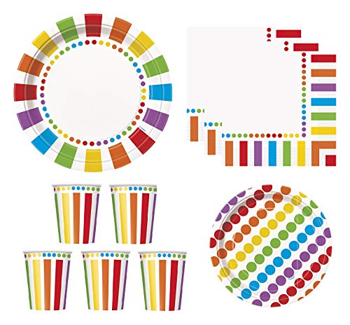Rainbow Party Supplies Pack for 16 Guests - Including Dinner Plates, Dessert Plates, Cups, and Napkins