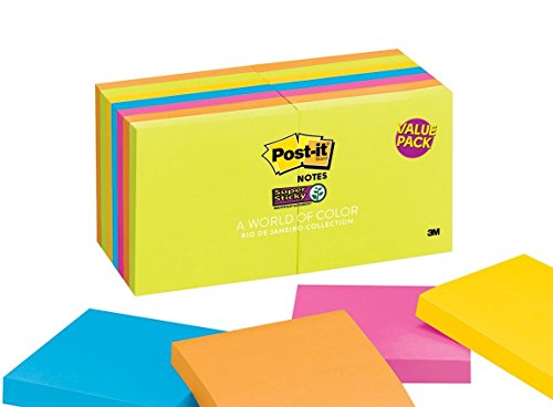 Post-it Notes Super Sticky - Rio De Janeiro Colors 3 x 3, 90/Pad - 16 Pads/Pack