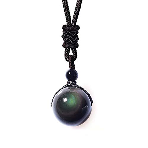 Sinymilk Natural Black Obsidian Pendant 16mm Rainbow Eyes Beads Lucky Blessing Necklace