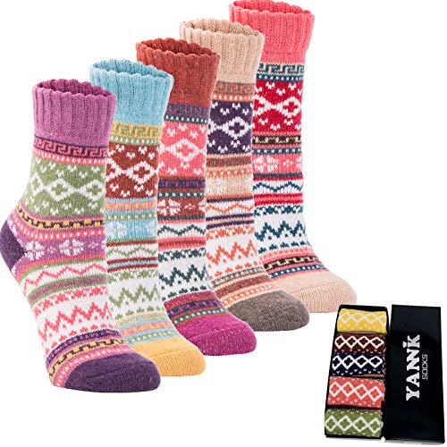 Yannik Women's 5 Pair Pack Vintage Style Cotton Knitting Wool Winter Crew Socks