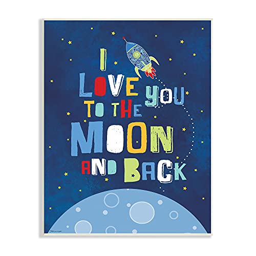 Book Cover The Kids Room by Stupell Love You Moon and Back Rocket Ship Wall Plaque Art, Blue