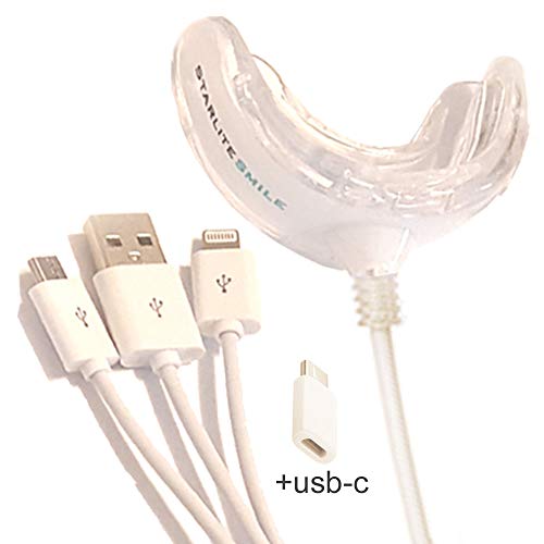 Teeth Whitening Light by Starlite Smile. 16 LED Teeth Whitener w/ 3 Adapters for iPhone, Android & USB (compatible with 4G and newer). Works w/Teeth Whitening Strips or any Teeth Whitening Gel.