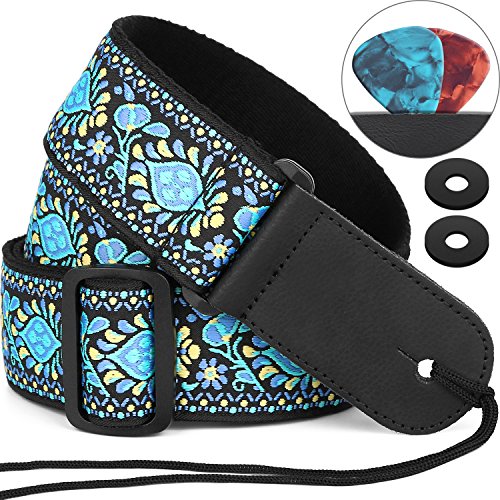 Guitar Strap, Anwenk Electric Guitar Strap Acoustic Strap Bass Strap 2"Jacquard Weave Hootenanny Style with Tie Pick Pocket Strap Locks 2 Picks,Genuine Leather Ends,Top Grade Material