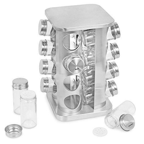 Internet's Best Revolving Spice Tower - Square Spice Rack - Set of 16 Spice Jars - Seasoning Storage Organization - Stainless Steel