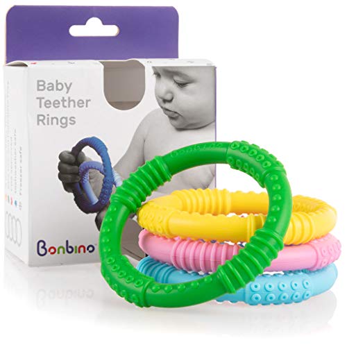 Book Cover Bonbino Teether Rings - (4 Pack) Silicone Sensory Teething Rings - Soothes Baby Gum Pain! (Multicolor)