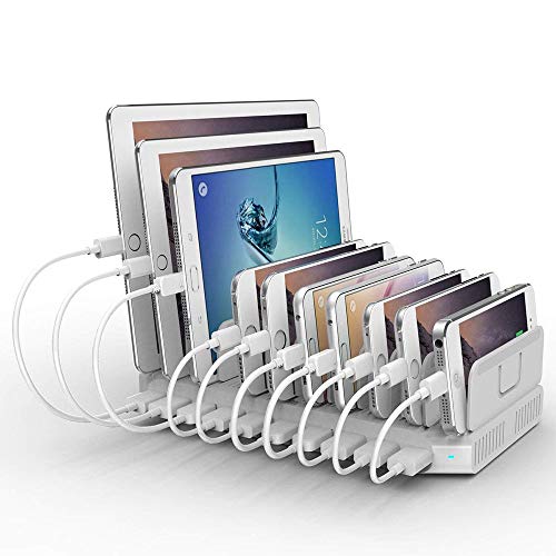 iPad Charging Station 96W 10-Port Alxum USB Charging Station Multiple Device USB Charger with Smart IC Tech, Organizer Stand for iPhone X, Xs Max,8,7,6, Samsung Google Nexus LG, Tablets, White