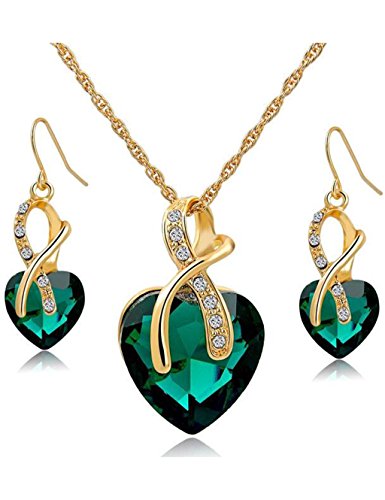 Gift! Gold Plated necklace Sets For Women Crystal Heart Necklace Earrings Jewellery Set Bridal Wedding Accessories (Green)