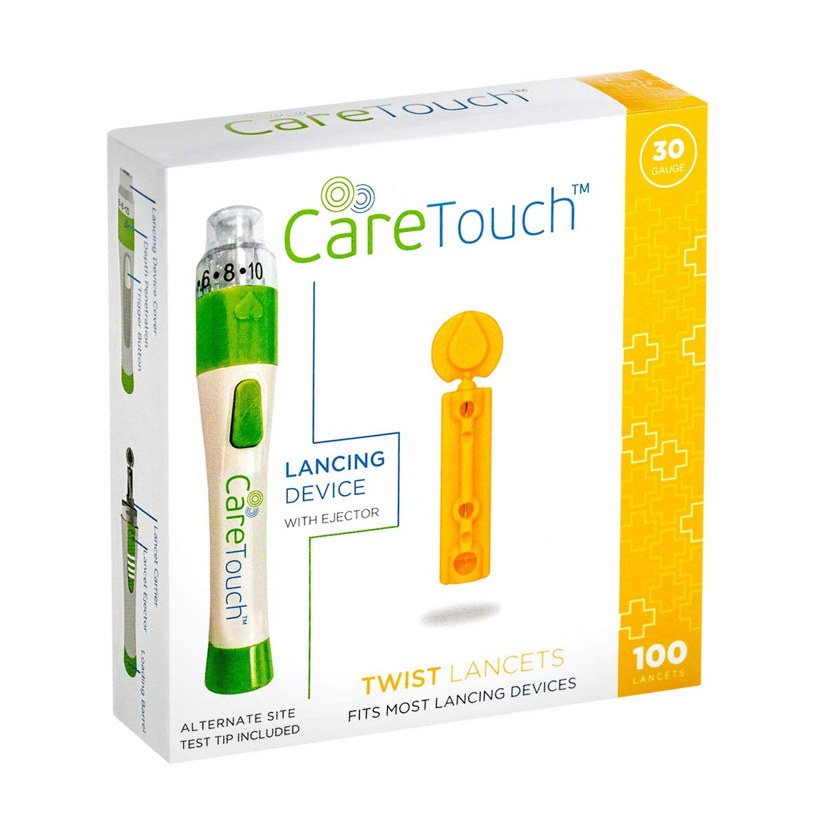 Book Cover Care Touch Lancing Device and 100 Lancets for Diabetes Testing - Sterile, Single Use, 30 Gauge Lancets for Minimizing Pain and Discomfort in Diabetic Blood Glucose Testing - Diabetic Supplies