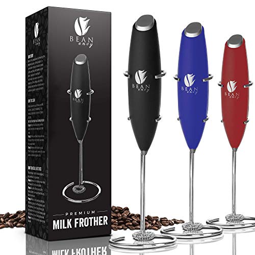 Book Cover Bean Envy Milk Frother Handheld - Perfect For The Best Latte - Whip Foamer - Includes Stainless Steel Stand - Black