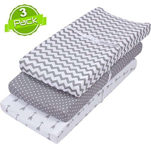 Book Cover BaeBae Goods 150 GSM Soft Jersey Knit Cotton Changing Pad Cover Set, Grey and White, 3 Pack